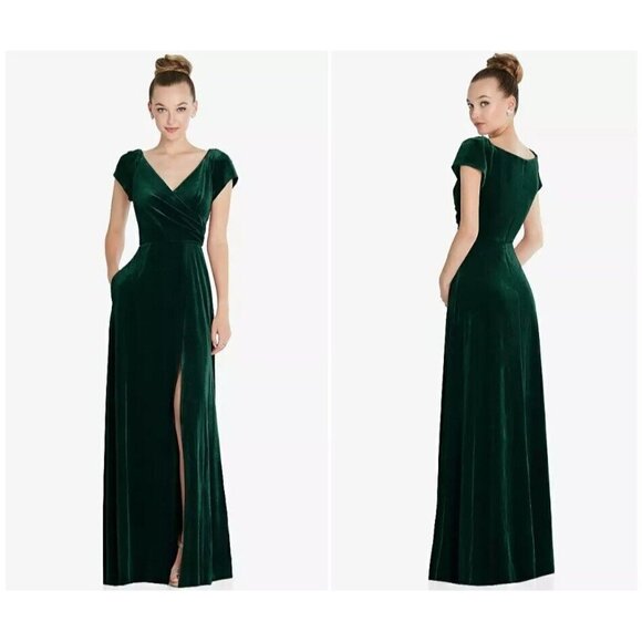 NEW AFTER SIX Small Cap Sleeve Velvet Maxi Dress Pockets Evergreen Gown - Picture 1 of 12